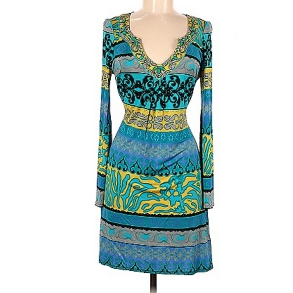 Hale Bob 100% Silk Beaded Trim Funky Print Dress Medium Long Sleeve Boho 90s - Picture 4 of 10